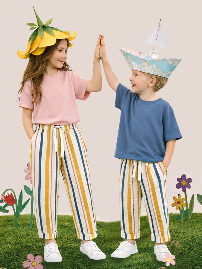 Çizgili Dokuma Unisex Kız Erkek Çocuk Dokuma Pantolon İlkbahar-Yaz 2-8 Yaş - 1