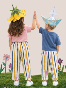 Çizgili Dokuma Unisex Kız Erkek Çocuk Dokuma Pantolon İlkbahar-Yaz 2-8 Yaş - 2