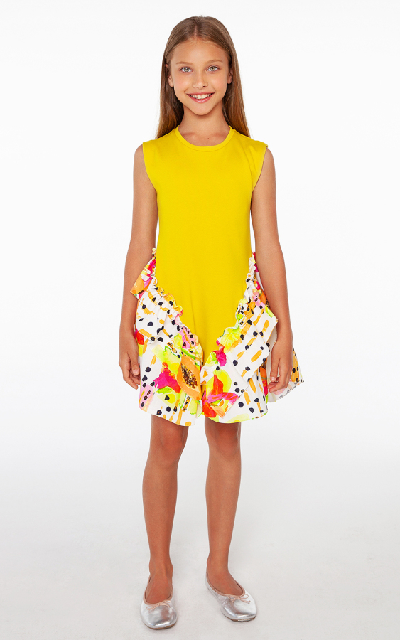 Hardal Rengi Örme Etek Ucu Desenli Kız Elbise - 1