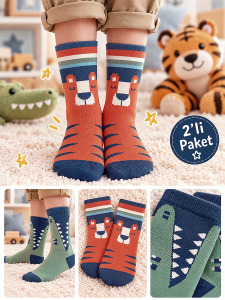 Erkek Çocuk Kaplan ve Timsah Desenli Pamuklu Lacivert 2'li Paket Çorap 2-9 Yaş - Denokids