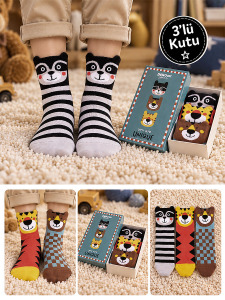 Erkek Çocuk Hayvan Desenli Pamuklu Çok Renkli 3'lü Paket Çorap 4-9 Yaş - Denokids