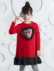Heart Ruffled Red Girl Dress - Thumbnail