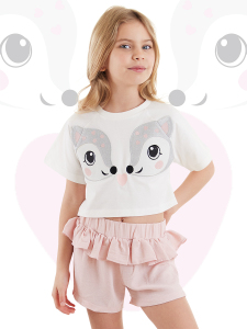 İkiz Ceylan Kız Çocuk Yazlık Crop T-shirt Fırfırlı Şort Takım - Denokids