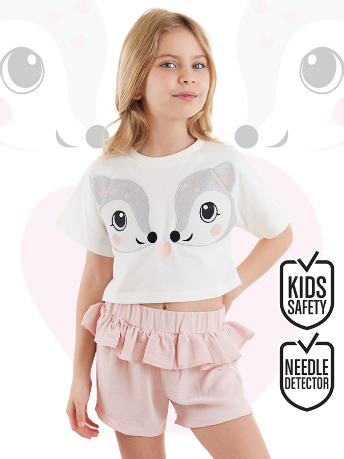 İkiz Ceylan Kız Çocuk Yazlık Crop T-shirt Fırfırlı Şort Takım - 1