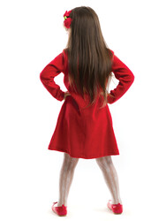 İkiz Geyik Kız Kadife Kırmızı Yılbaşı Elbise - Thumbnail