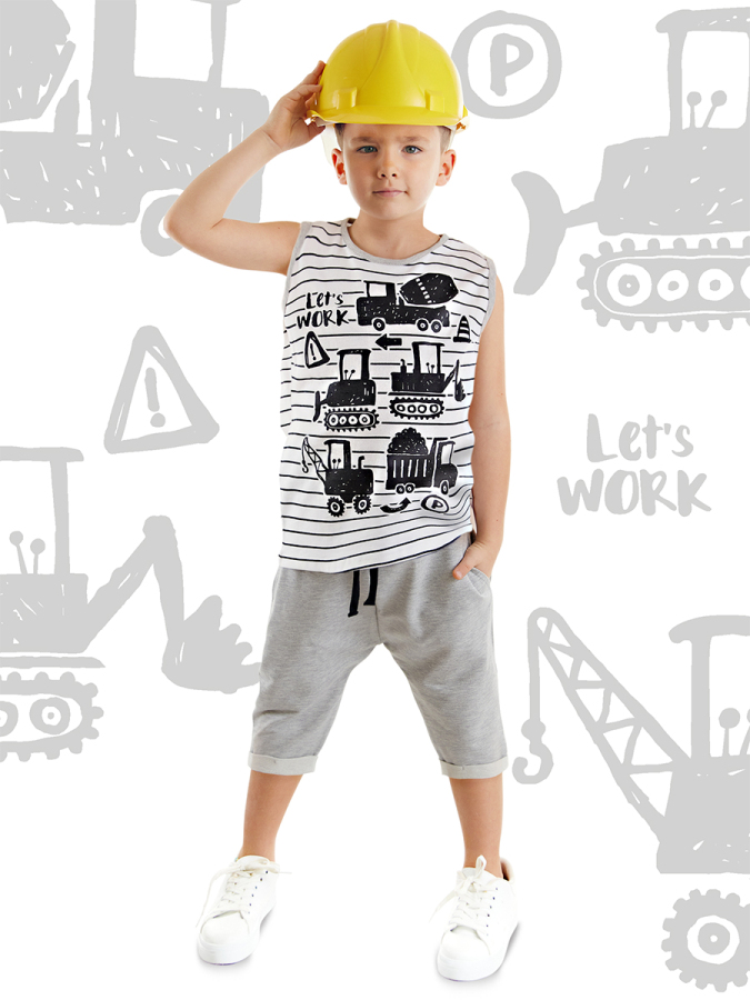 İnşaat Aracı Erkek Çocuk Yazlık Çizgili T-shirt Kapri Şort Takım - 1