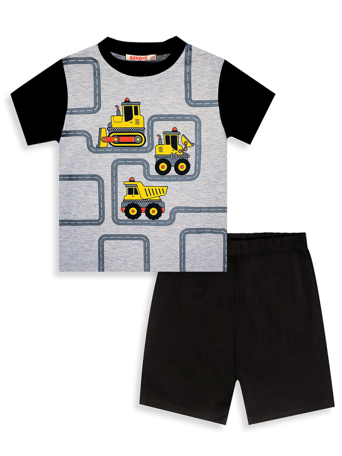 Erkek Çocuk Takım İnşaat Araşları Baskılı T-Shirt Siyah Şort Yazlık Takım - 5