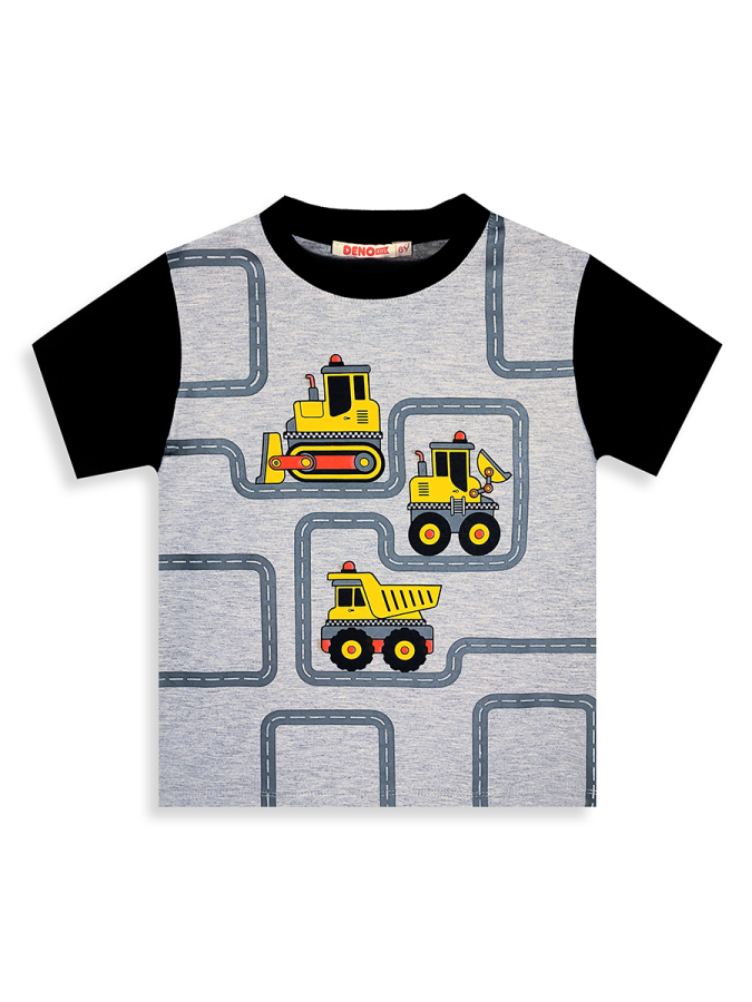 Erkek Çocuk Takım İnşaat Araşları Baskılı T-Shirt Siyah Şort Yazlık Takım - 7