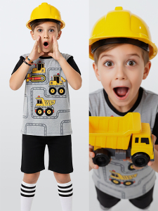 Erkek Çocuk Takım İnşaat Araşları Baskılı T-Shirt Siyah Şort Yazlık Takım - Denokids