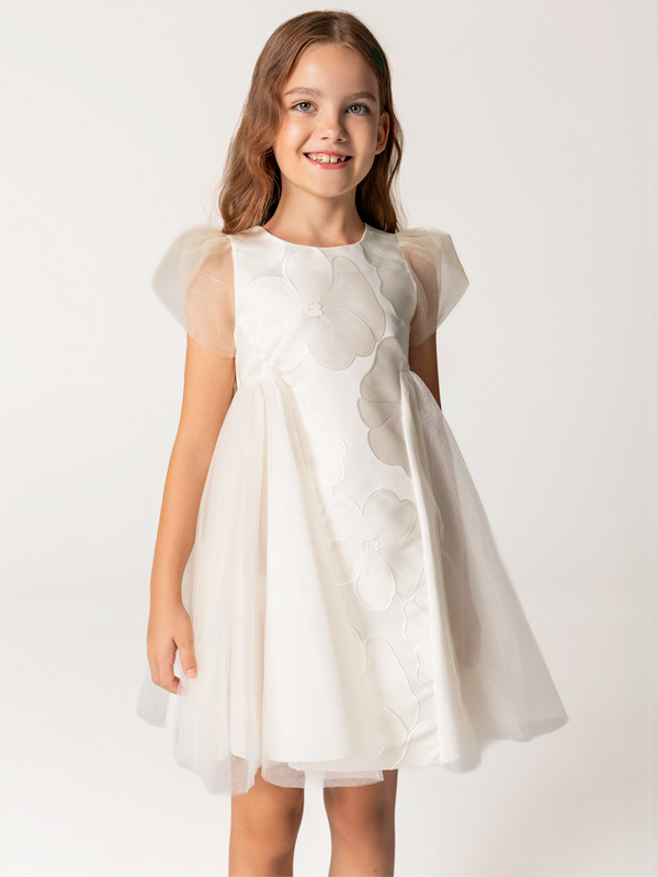 Kabartma Çiçek Desenli Kız Çocuk Elbise - 1