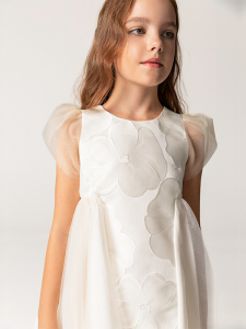 Kabartma Çiçek Desenli Kız Çocuk Elbise - 3