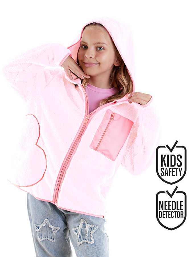 Kalp Cepli Kız Çocuk Pembe Peluş Mont - 1