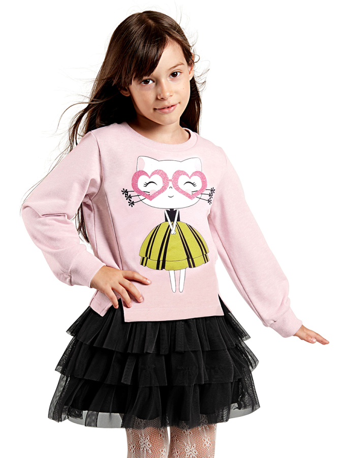 Kalp Gözlük Kız Çocuk Tüllü Sweatshirt Etek Takım - 1