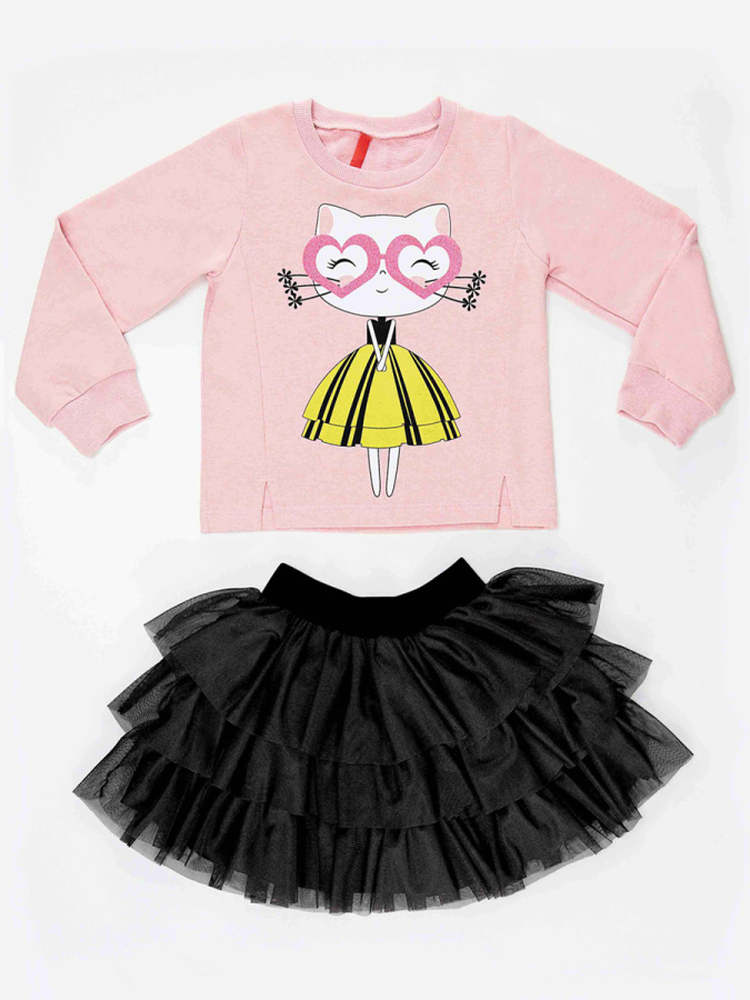 Kalp Gözlük Kız Çocuk Tüllü Sweatshirt Etek Takım - 3