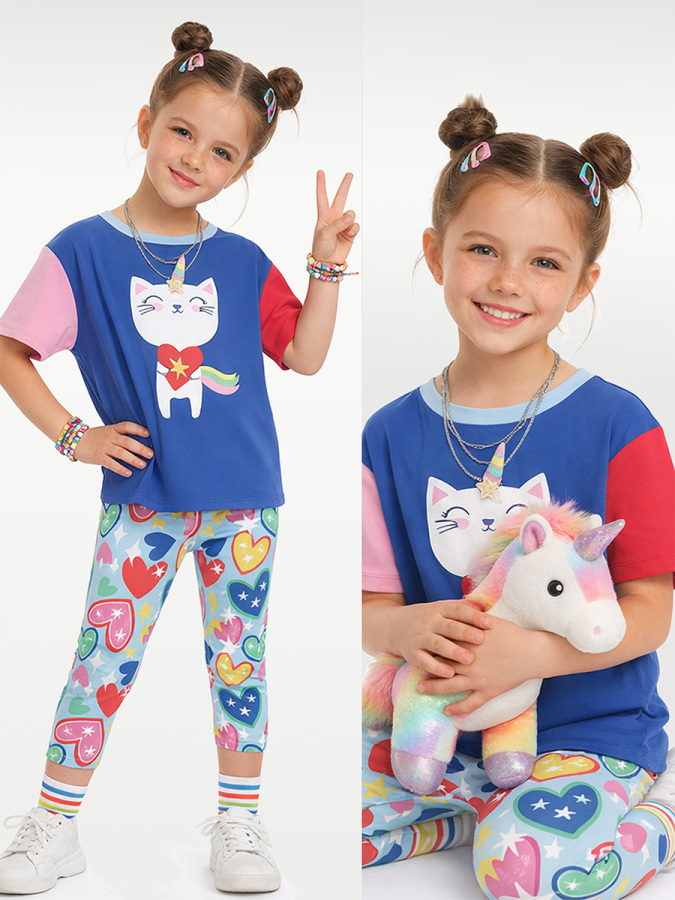 Unicorn Kedi Kız Çocuk İkili Takım Tayt T-shirt İlkbahar Yaz 2-7 Yaş - 1