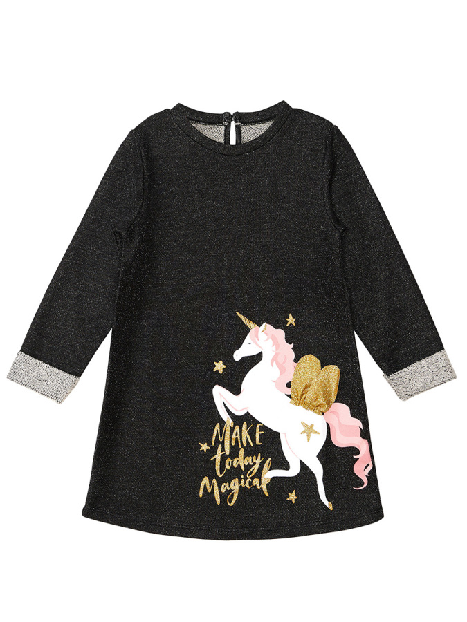 Siyah Kanatlı Unicorn Kız Çocuk Kışlık Elbise - 3