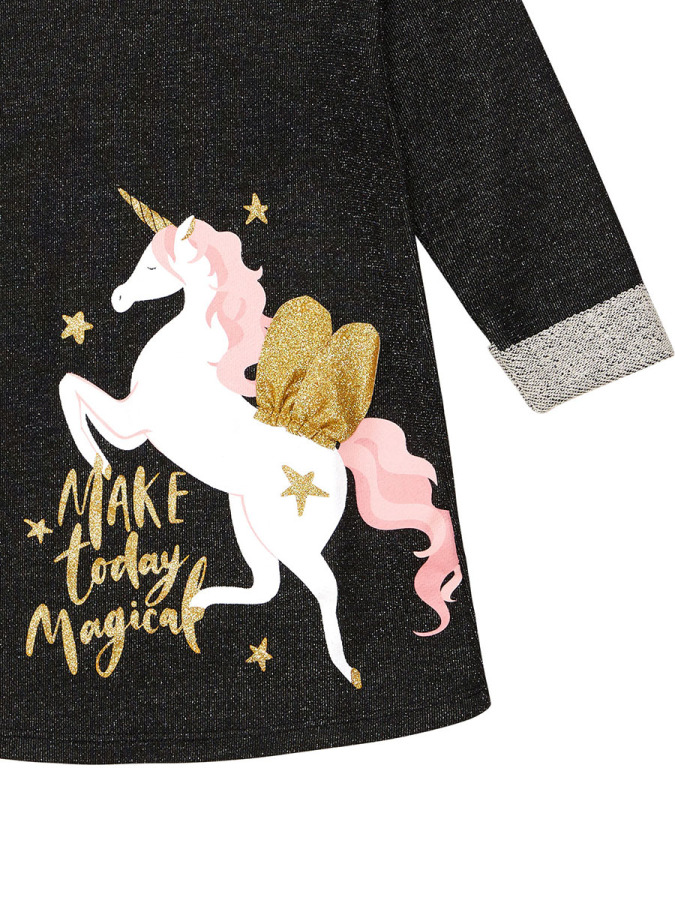 Siyah Kanatlı Unicorn Kız Çocuk Kışlık Elbise - 5