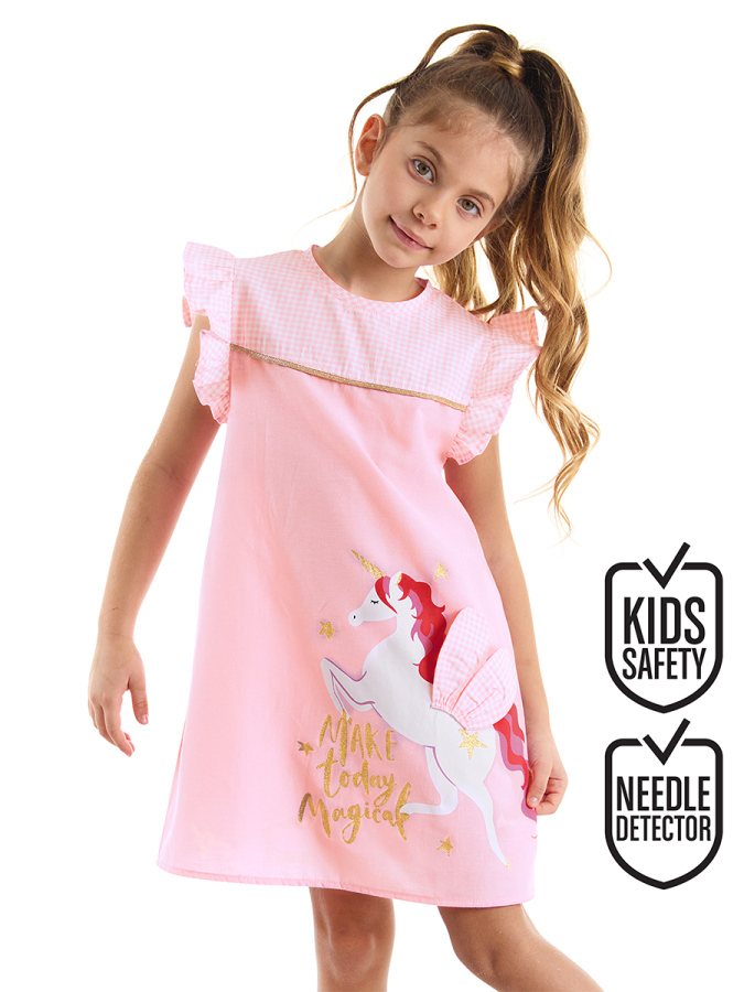 Kanatlı Unicorn Ekoseli Kız Çocuk Fırfırlı Yazlık Pembe Elbise - 1