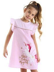 Kanatlı Unicorn Ekoseli Kız Çocuk Pembe Elbise - Thumbnail