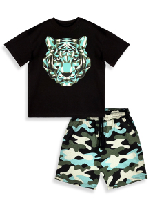 Erkek Çocuk Takım Kaplan Baskılı %100 Pamuk T-Shirt Şort Yazlık Takım - 5
