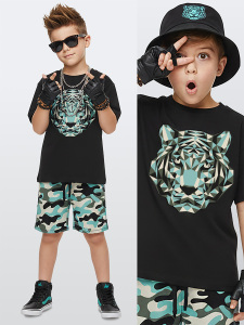 Erkek Çocuk Takım Kaplan Baskılı %100 Pamuk T-Shirt Şort Yazlık Takım - Denokids