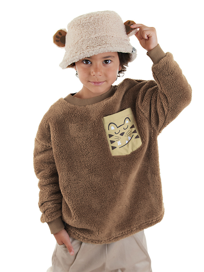Kaplan Oversize Erkek Çocuk Kahverengi Peluş Sweatshirt - 1