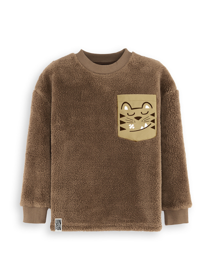 Kaplan Oversize Erkek Çocuk Kahverengi Peluş Sweatshirt - 3