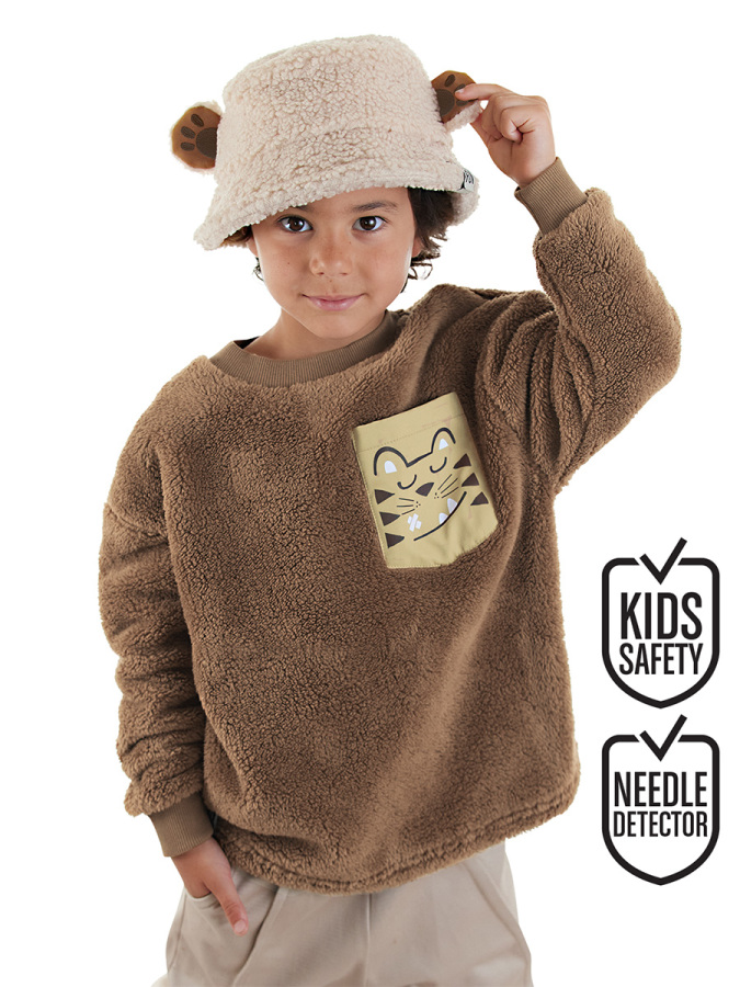 Kaplan Oversize Erkek Çocuk Kahverengi Peluş Sweatshirt - 1