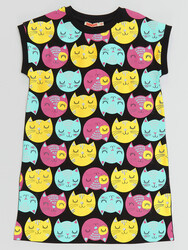 Kedi Baskılı Kız Çocuk Pamuklu Elbise - Thumbnail