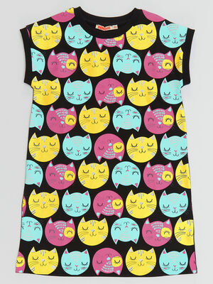 Kedi Baskılı Kız Çocuk Pamuklu Elbise
