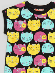 Kedi Baskılı Kız Çocuk Pamuklu Elbise - Thumbnail