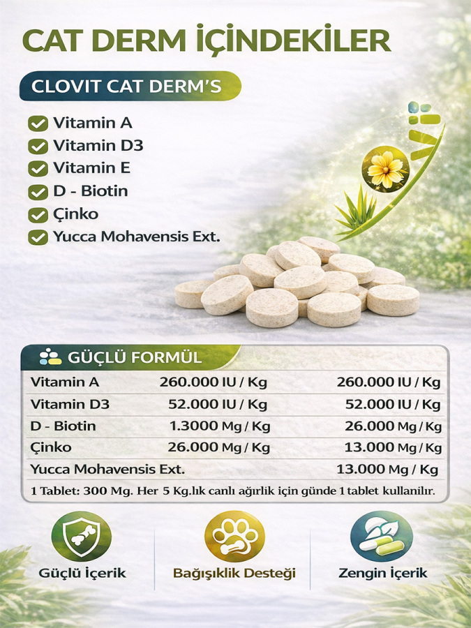 Kedi Derm’s – Tüy Dökülmesini Azaltıcı Vitamin & Mineral Takviyesi 90 Tablet - 3
