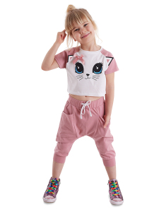Kedi Maviş Kız Çocuk T-shirt Kapri Şort Takım - Denokids
