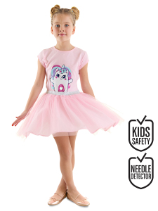 Kedicik Unicorn Kız Çocuk Tüllü Tütü Pembe Abiye Elbise - Denokids