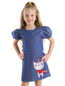 Kedicorn Kız Çocuk Dokuma Puantiyeli Lacivert Yazlık Elbise - Denokids