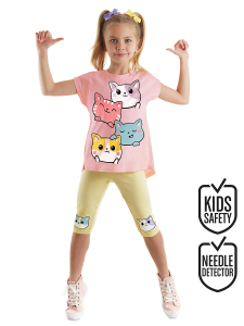 Kediler Kız Çocuk Yazlık Tunik T-shirt Tayt Takım - Denokids