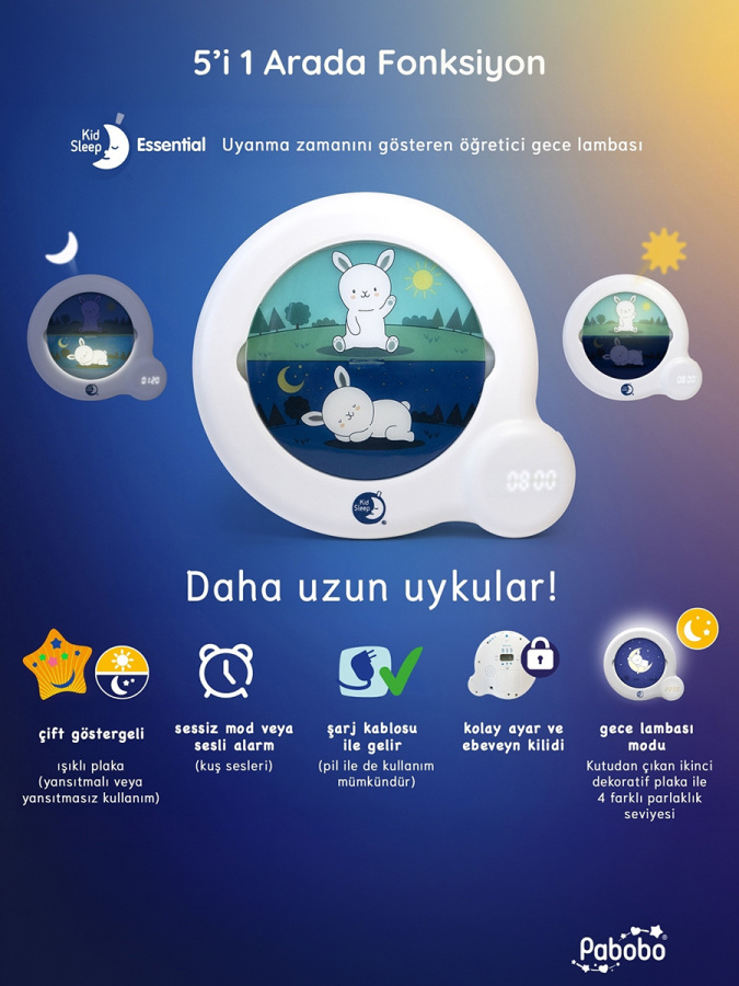 Kid'Sleep Essential Çocuk Uyku Saati – Figürlü Gece Lambası, Uyanma Göstergesi, Çalar Saat ve Ninni Özellikli 5'i 1 Arada Eğitici Zaman Saati | 0+ Yaş Bebek ve Çocuklar için - 3