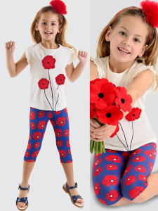Fırfırlı Kırmızı Gelincik Kız Çocuk Yazlık T-shirt Tayt Takım - MSHB&G