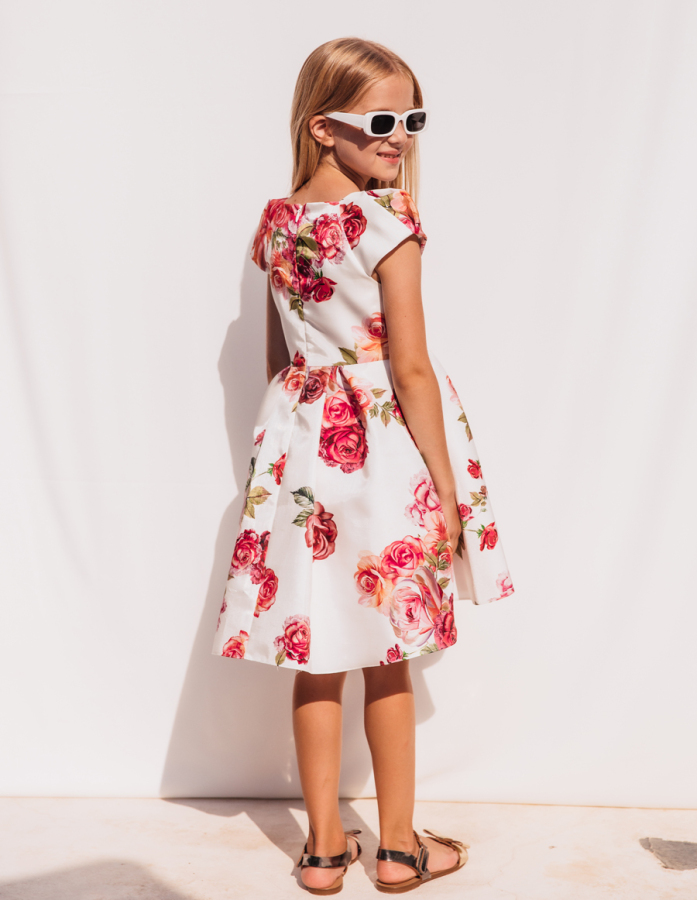 Kırmızı Gül Desenli Özel Gün Kız Çocuk Elbise - 3