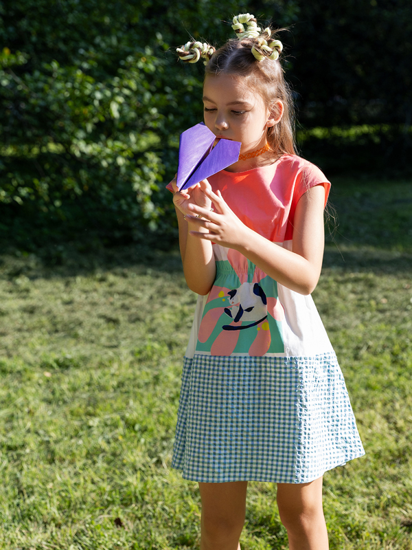 Kısa Kollu Kareli ve Çiçek Kız Çocuk Elbise - 3