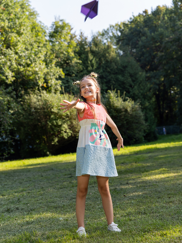 Kısa Kollu Kareli ve Çiçek Kız Çocuk Elbise - 4