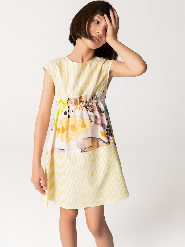 Kısa Kollu Pamuklu Sarı Kız Çocuk Elbise - 1