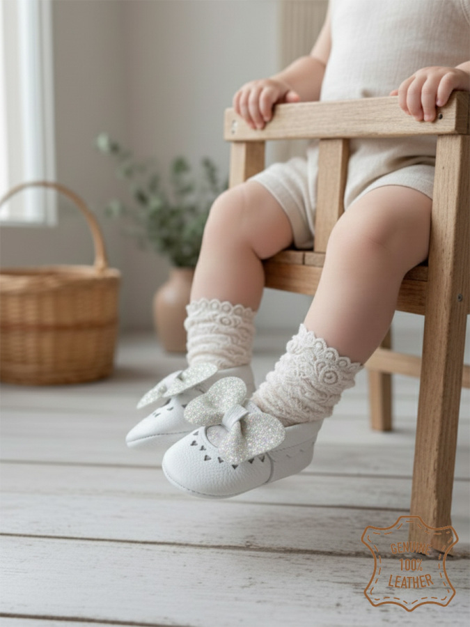 Kız Bebek Patik Hakiki Deri Taşlı Beyaz Yumuşak Taban Ayakkabı 17-21 Numara - 5