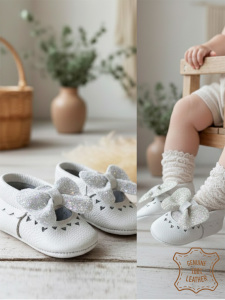 Kız Bebek Patik Hakiki Deri Taşlı Beyaz Yumuşak Taban Ayakkabı 17-21 Numara - Denokids