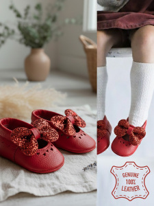 Kız Bebek Patik Hakiki Deri Taşlı Kırmızı Yumuşak Taban Ayakkabı 17-21 Numara - Denokids