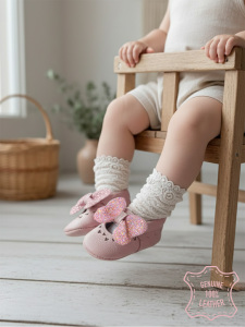 Kız Bebek Patik Hakiki Deri Taşlı Pembe Yumuşak Taban Ayakkabı 17-21 Numara - 4