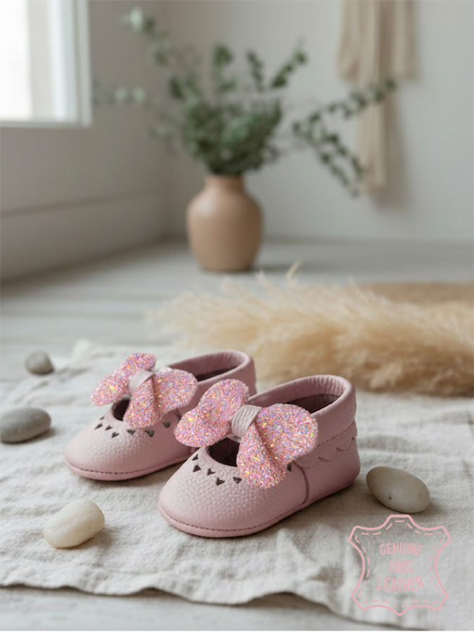 Kız Bebek Patik Hakiki Deri Taşlı Pembe Yumuşak Taban Ayakkabı 17-21 Numara - 2