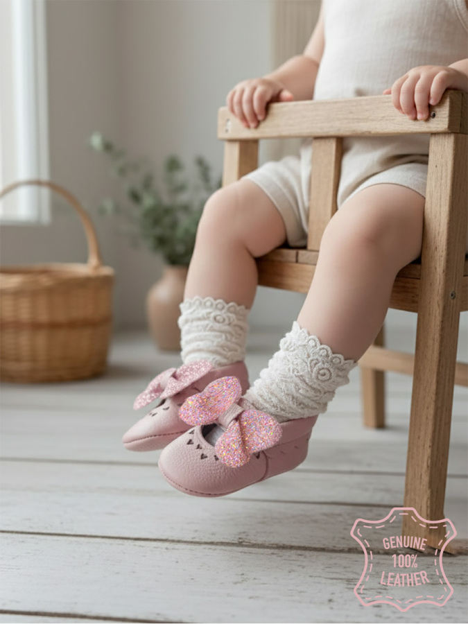 Kız Bebek Patik Hakiki Deri Taşlı Pembe Yumuşak Taban Ayakkabı 17-21 Numara - 4