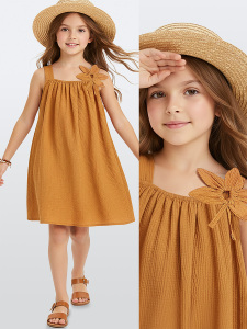 Kız Çocuk Çiçekli Elbise Hardal Sarı İlkbahar Yaz Sezonu 5-10 Yaş - Denokids