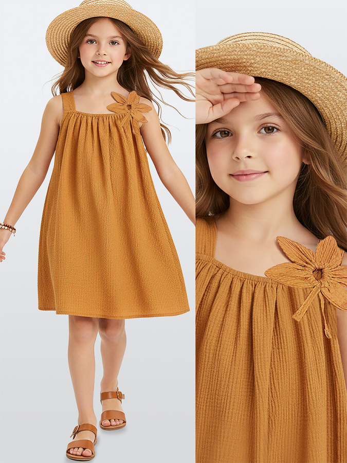 Kız Çocuk Çiçekli Elbise Hardal Sarı İlkbahar Yaz Sezonu 5-10 Yaş - 1